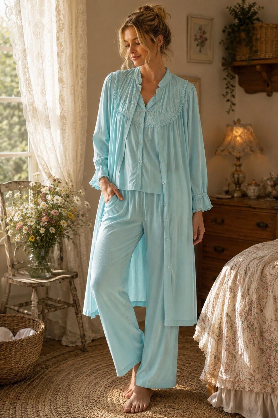 Vintage MG JCPenney Light Blue Long Silky Nylon Lace 3 Piece Set Size Large